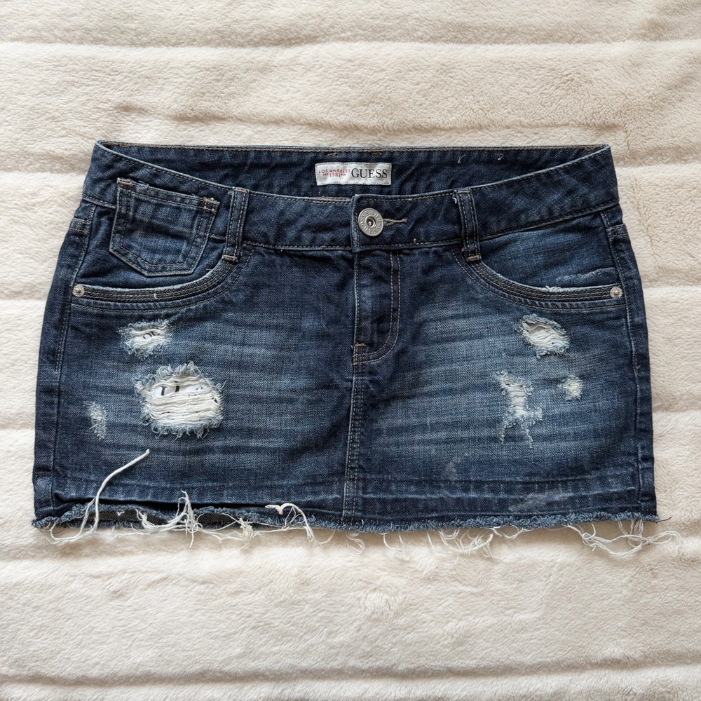 Y2K Guess Low Rise Dark Wash Distressed Mini Skirt Size Medium